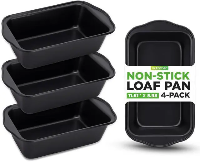 Main image of NutriChef 4-Piece Loaf Pan Set, Non-Stick Bread Loaf Pans with Easy Grip Handles, Heavy Gauge Carbon Steel Bakeware for Baking Bread, Cakes, and Casseroles, 11.61" x 5.98" x 2.56" Inch, Black