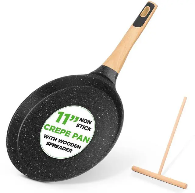 Main image of NutriChef 11 Non-Stick Crepe Pan with Wooden Spreader, Durable Marble Coated Dosa Pan, Bakelite And Wood Handle With Induction Bottom, Easy-to-Clean, Stain-Resistant (Black Marble)
