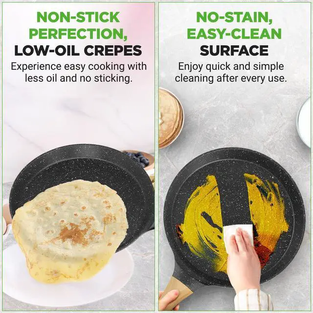 Alt view image 5 of 7 - NutriChef 11 Non-Stick Crepe Pan with Wooden Spreader, Durable Marble Coated Dosa Pan, Bakelite And Wood Handle With Induction Bottom, Easy-to-Clean, Stain-Resistant (Black Marble)