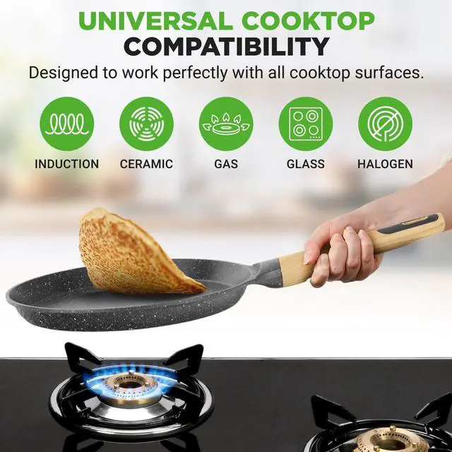 Alt view image 4 of 7 - NutriChef 11 Non-Stick Crepe Pan with Wooden Spreader, Durable Marble Coated Dosa Pan, Bakelite And Wood Handle With Induction Bottom, Easy-to-Clean, Stain-Resistant (Black Marble)