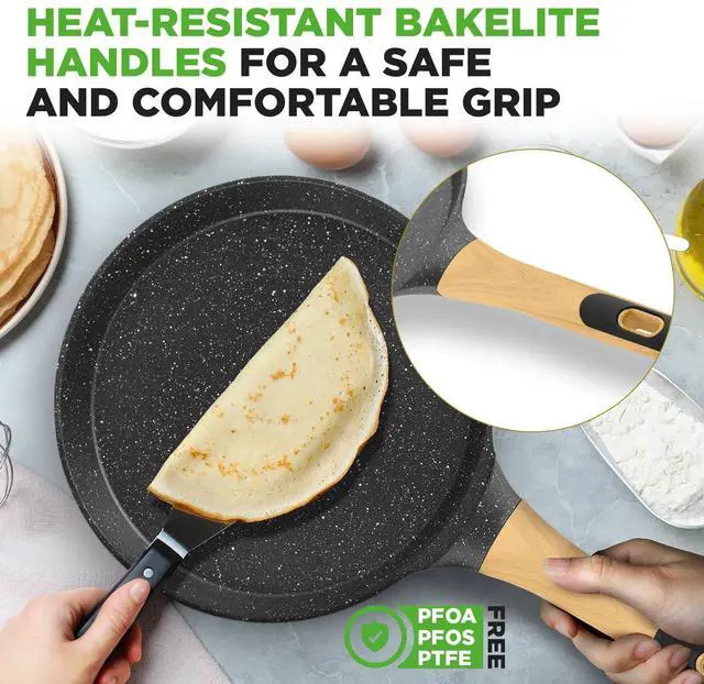 Alt view image 3 of 7 - NutriChef 11 Non-Stick Crepe Pan with Wooden Spreader, Durable Marble Coated Dosa Pan, Bakelite And Wood Handle With Induction Bottom, Easy-to-Clean, Stain-Resistant (Black Marble)