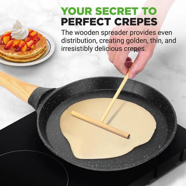 Alt view image 7 of 7 - NutriChef 11 Non-Stick Crepe Pan with Wooden Spreader, Durable Marble Coated Dosa Pan, Bakelite And Wood Handle With Induction Bottom, Easy-to-Clean, Stain-Resistant (Black Marble)