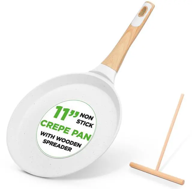 Main image of NutriChef 11 Non-Stick Crepe Pan with Wooden Spreader, Durable Marble Coated Dosa Pan, Bakelite And Wood Handle With Induction Bottom, Easy-to-Clean, Stain-Resistant (White Cream Marble)