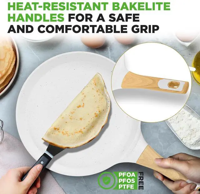 Alt view image 3 of 7 - NutriChef 11 Non-Stick Crepe Pan with Wooden Spreader, Durable Marble Coated Dosa Pan, Bakelite And Wood Handle With Induction Bottom, Easy-to-Clean, Stain-Resistant (White Cream Marble)
