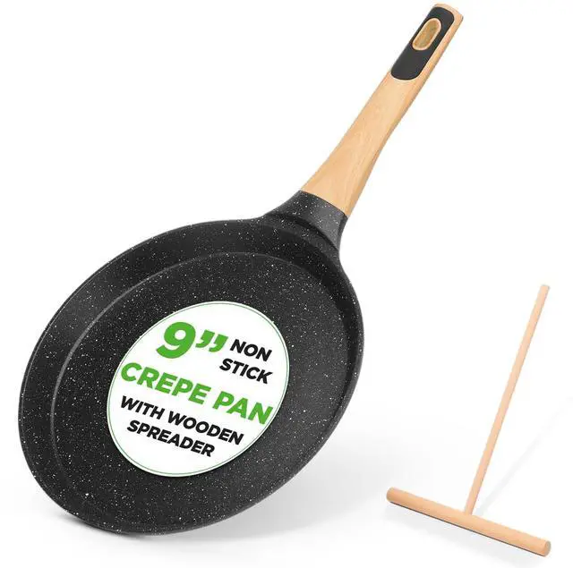 Main image of NutriChef 9.45 Non-Stick Crepe Pan with Wooden Spreader, Durable Marble Coated Dosa Pan, Bakelite Handle and Induction Bottom, PFOA/PFOS Free, Dishwasher Safe, Even Heat Distribution (Black Marble)