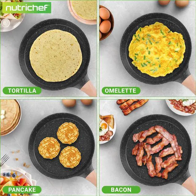 Alt view image 2 of 7 - NutriChef 9.45 Non-Stick Crepe Pan with Wooden Spreader, Durable Marble Coated Dosa Pan, Bakelite Handle and Induction Bottom, PFOA/PFOS Free, Dishwasher Safe, Even Heat Distribution (Black Marble)