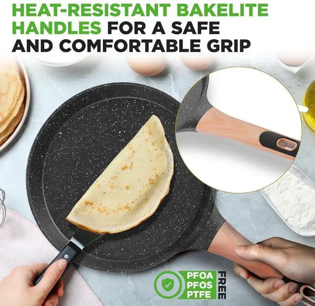 Alt view image 3 of 7 - NutriChef 9.45 Non-Stick Crepe Pan with Wooden Spreader, Durable Marble Coated Dosa Pan, Bakelite Handle and Induction Bottom, PFOA/PFOS Free, Dishwasher Safe, Even Heat Distribution (Black Marble)