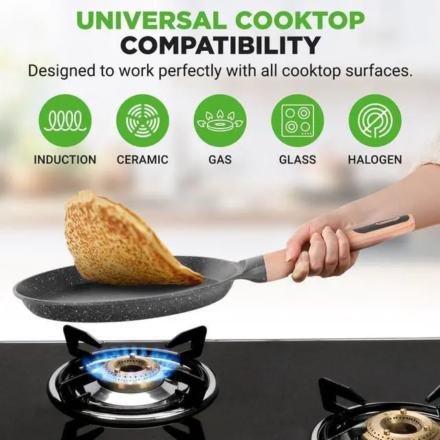 Alt view image 4 of 7 - NutriChef 9.45 Non-Stick Crepe Pan with Wooden Spreader, Durable Marble Coated Dosa Pan, Bakelite Handle and Induction Bottom, PFOA/PFOS Free, Dishwasher Safe, Even Heat Distribution (Black Marble)