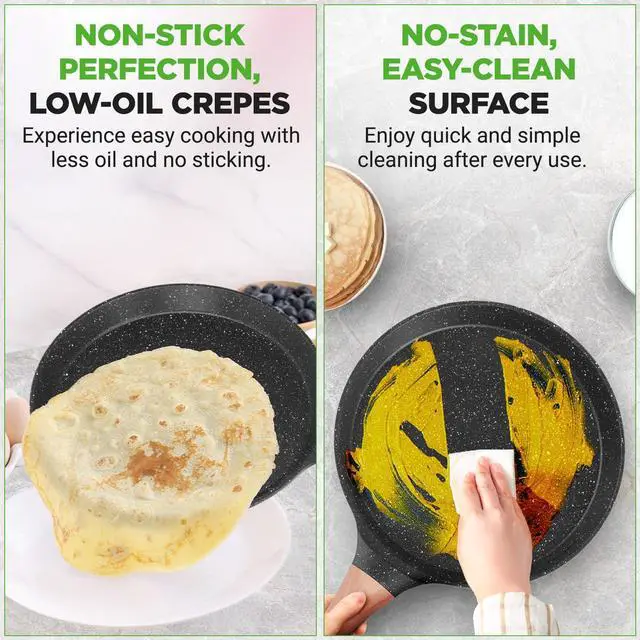 Alt view image 5 of 7 - NutriChef 9.45 Non-Stick Crepe Pan with Wooden Spreader, Durable Marble Coated Dosa Pan, Bakelite Handle and Induction Bottom, PFOA/PFOS Free, Dishwasher Safe, Even Heat Distribution (Black Marble)