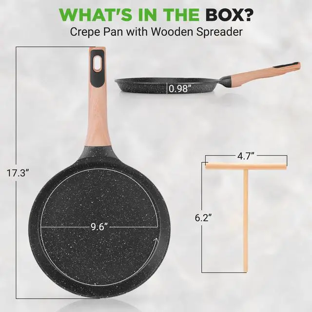 Alt view image 6 of 7 - NutriChef 9.45 Non-Stick Crepe Pan with Wooden Spreader, Durable Marble Coated Dosa Pan, Bakelite Handle and Induction Bottom, PFOA/PFOS Free, Dishwasher Safe, Even Heat Distribution (Black Marble)