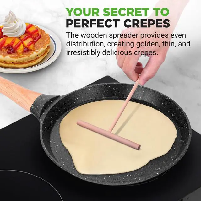 Alt view image 7 of 7 - NutriChef 9.45 Non-Stick Crepe Pan with Wooden Spreader, Durable Marble Coated Dosa Pan, Bakelite Handle and Induction Bottom, PFOA/PFOS Free, Dishwasher Safe, Even Heat Distribution (Black Marble)