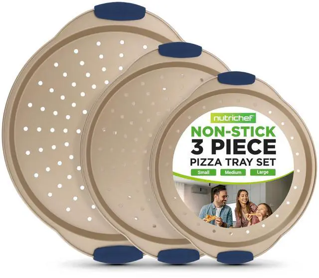 Main image of NutriChef 3-Piece Pizza Tray Set with Silicone Handles - Round Nonstick Pizza Pan with Perforated Holes, Durable Carbon Steel, Small, Medium, Large Sizes - Ideal for Crispy, Evenly Baked Pizzas (Gold)