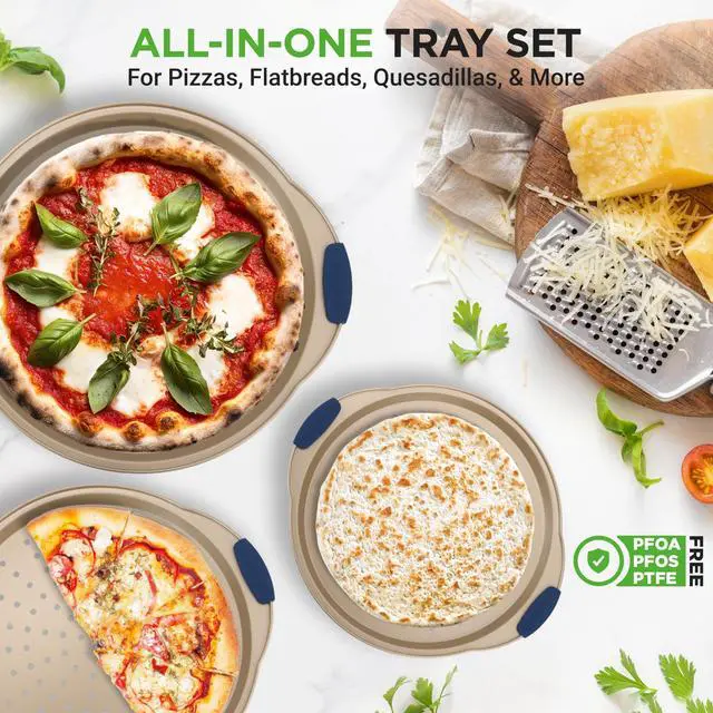 Alt view image 2 of 7 - NutriChef 3-Piece Pizza Tray Set with Silicone Handles - Round Nonstick Pizza Pan with Perforated Holes, Durable Carbon Steel, Small, Medium, Large Sizes - Ideal for Crispy, Evenly Baked Pizzas (Gold)