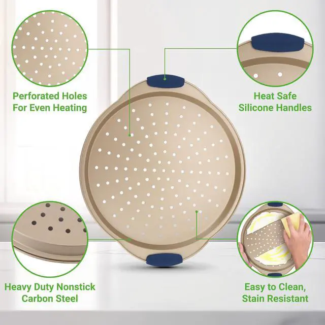 Alt view image 4 of 7 - NutriChef 3-Piece Pizza Tray Set with Silicone Handles - Round Nonstick Pizza Pan with Perforated Holes, Durable Carbon Steel, Small, Medium, Large Sizes - Ideal for Crispy, Evenly Baked Pizzas (Gold)