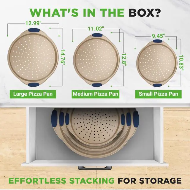 Alt view image 5 of 7 - NutriChef 3-Piece Pizza Tray Set with Silicone Handles - Round Nonstick Pizza Pan with Perforated Holes, Durable Carbon Steel, Small, Medium, Large Sizes - Ideal for Crispy, Evenly Baked Pizzas (Gold)