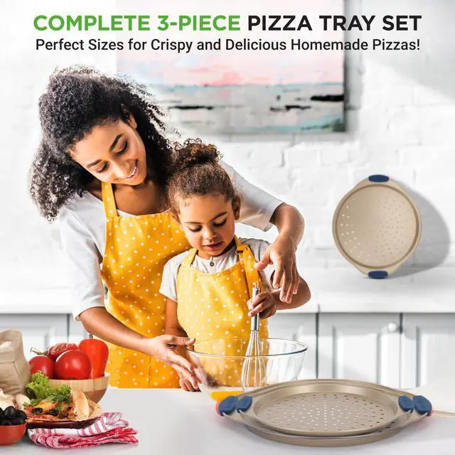 Alt view image 7 of 7 - NutriChef 3-Piece Pizza Tray Set with Silicone Handles - Round Nonstick Pizza Pan with Perforated Holes, Durable Carbon Steel, Small, Medium, Large Sizes - Ideal for Crispy, Evenly Baked Pizzas (Gold)