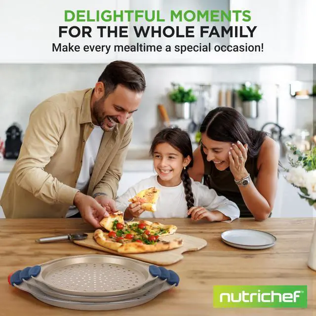 Alt view image 6 of 7 - NutriChef 3-Piece Pizza Tray Set with Silicone Handles - Round Nonstick Pizza Pan with Perforated Holes, Durable Carbon Steel, Small, Medium, Large Sizes - Ideal for Crispy, Evenly Baked Pizzas (Gold)