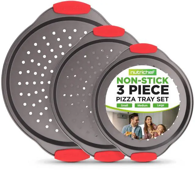 Main image of NutriChef 3-Piece Pizza Tray Set with Silicone Handles - Round Nonstick Pizza Pan with Perforated Holes, Durable Carbon Steel, Small, Medium, Large Sizes - Ideal for Crispy, Evenly Baked Pizzas (Gray)