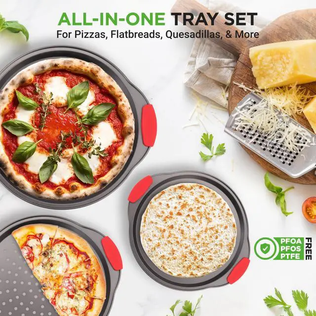 Alt view image 2 of 7 - NutriChef 3-Piece Pizza Tray Set with Silicone Handles - Round Nonstick Pizza Pan with Perforated Holes, Durable Carbon Steel, Small, Medium, Large Sizes - Ideal for Crispy, Evenly Baked Pizzas (Gray)