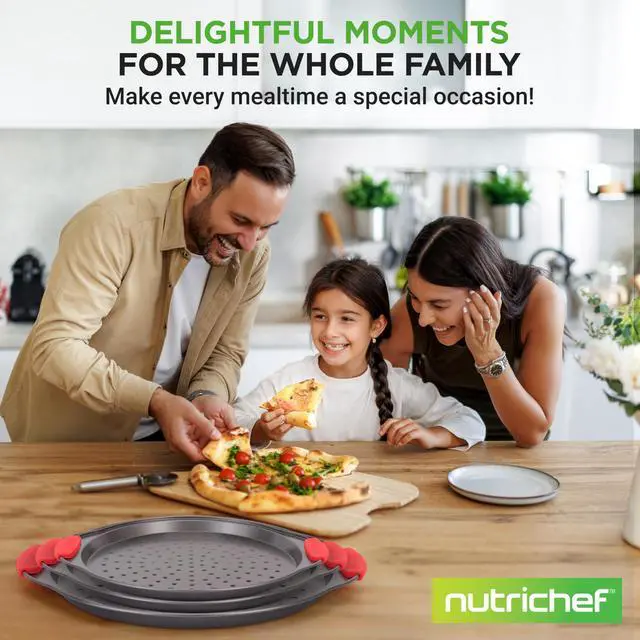 Alt view image 6 of 7 - NutriChef 3-Piece Pizza Tray Set with Silicone Handles - Round Nonstick Pizza Pan with Perforated Holes, Durable Carbon Steel, Small, Medium, Large Sizes - Ideal for Crispy, Evenly Baked Pizzas (Gray)