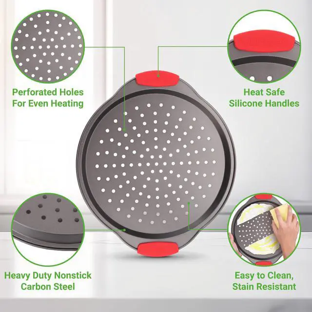 Alt view image 4 of 7 - NutriChef 3-Piece Pizza Tray Set with Silicone Handles - Round Nonstick Pizza Pan with Perforated Holes, Durable Carbon Steel, Small, Medium, Large Sizes - Ideal for Crispy, Evenly Baked Pizzas (Gray)