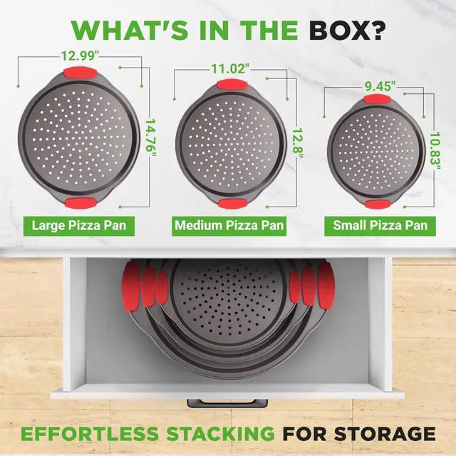 Alt view image 5 of 7 - NutriChef 3-Piece Pizza Tray Set with Silicone Handles - Round Nonstick Pizza Pan with Perforated Holes, Durable Carbon Steel, Small, Medium, Large Sizes - Ideal for Crispy, Evenly Baked Pizzas (Gray)