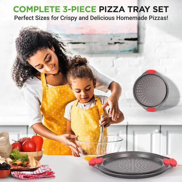 Alt view image 7 of 7 - NutriChef 3-Piece Pizza Tray Set with Silicone Handles - Round Nonstick Pizza Pan with Perforated Holes, Durable Carbon Steel, Small, Medium, Large Sizes - Ideal for Crispy, Evenly Baked Pizzas (Gray)