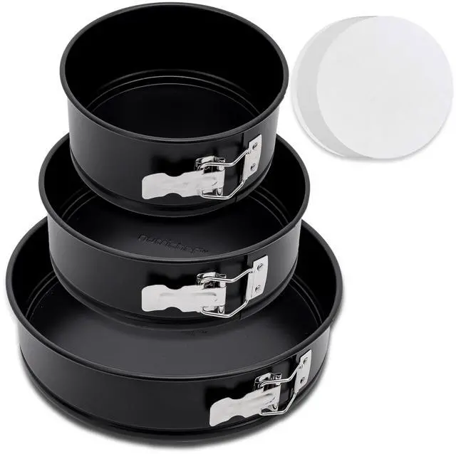 Main image of NutriChef 3-Piece Nonstick Springform Pan Set - Premium Carbon Steel Cheesecake Pans with Stainless Steel Clasp - 6", 8", 10" Sizes, Oven Safe up to 450°F - Includes 300pcs Parchment Paper (Black)