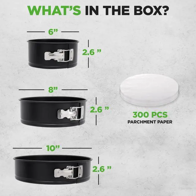 Alt view image 6 of 7 - NutriChef 3-Piece Nonstick Springform Pan Set - Premium Carbon Steel Cheesecake Pans with Stainless Steel Clasp - 6", 8", 10" Sizes, Oven Safe up to 450°F - Includes 300pcs Parchment Paper (Black)