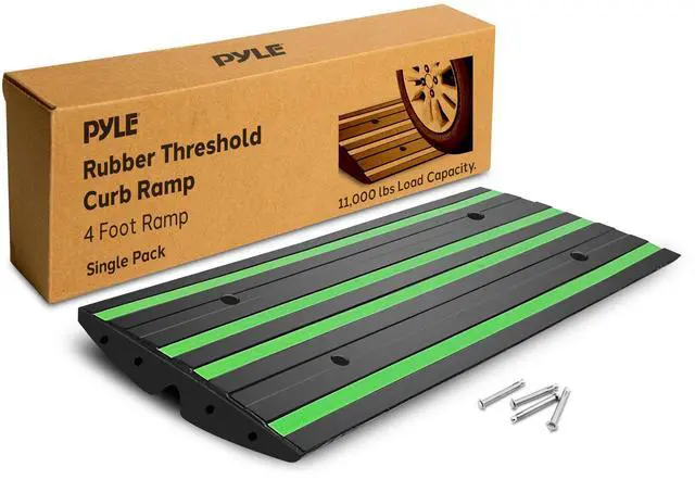 Main image of Pyle 4 ft. Rubber Threshold Curb Ramp, Heavy Duty, Non-Slip Car Ramp for Driveways, Garages, and Sidewalks, Green Reflective Strips, Waterproof, with Expansion Screws, 48.0x 16.0 x 2.6 Inch