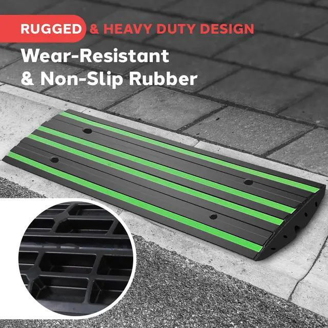 Alt view image 2 of 7 - Pyle 4 ft. Rubber Threshold Curb Ramp, Heavy Duty, Non-Slip Car Ramp for Driveways, Garages, and Sidewalks, Green Reflective Strips, Waterproof, with Expansion Screws, 48.0x 16.0 x 2.6 Inch