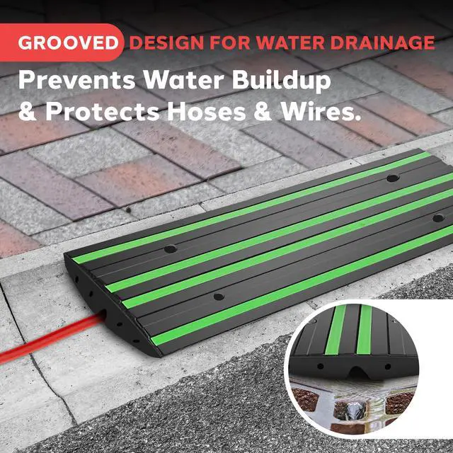 Alt view image 5 of 7 - Pyle 4 ft. Rubber Threshold Curb Ramp, Heavy Duty, Non-Slip Car Ramp for Driveways, Garages, and Sidewalks, Green Reflective Strips, Waterproof, with Expansion Screws, 48.0x 16.0 x 2.6 Inch