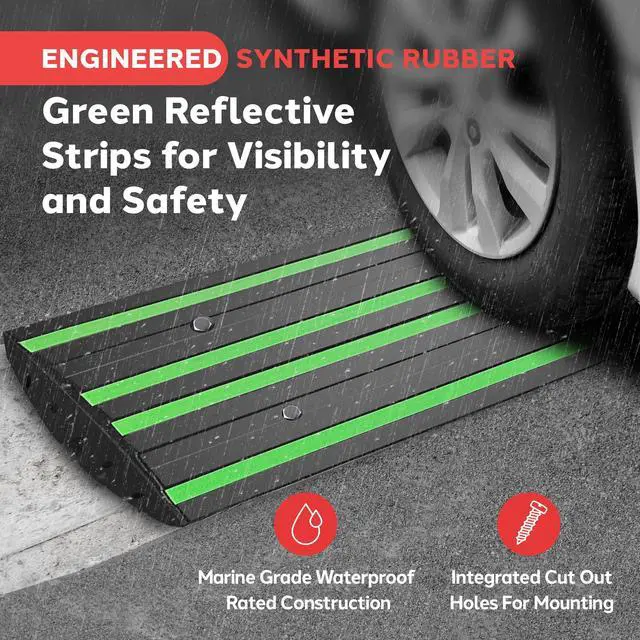 Alt view image 7 of 7 - Pyle 4 ft. Rubber Threshold Curb Ramp, Heavy Duty, Non-Slip Car Ramp for Driveways, Garages, and Sidewalks, Green Reflective Strips, Waterproof, with Expansion Screws, 48.0x 16.0 x 2.6 Inch