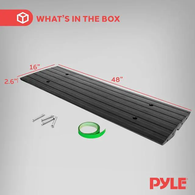Alt view image 6 of 7 - Pyle 4 ft. Rubber Threshold Curb Ramp, Heavy Duty, Non-Slip Car Ramp for Driveways, Garages, and Sidewalks, Green Reflective Strips, Waterproof, with Expansion Screws, 48.0x 16.0 x 2.6 Inch