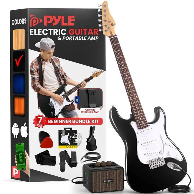Main image of Pyle Full Size Electric Guitar Kit with 5W Amplifier, Gig Bag, Picks, Spare Strings, and Strap, ST-Style Beginner Guitar Bundle with 22 Frets, Paulownia Wood Body, Black