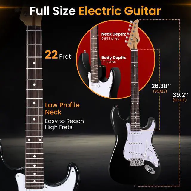 Alt view image 2 of 7 - Pyle Full Size Electric Guitar Kit with 5W Amplifier, Gig Bag, Picks, Spare Strings, and Strap, ST-Style Beginner Guitar Bundle with 22 Frets, Paulownia Wood Body, Black
