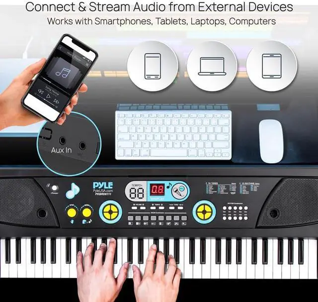 Alt view image 2 of 7 - Pyle Portable 61 Key Piano Keyboard, Digital Musical Karaoke - Learning Keyboard for Beginners w/ Drum Pad, Recording, Microphone, Music Sheet Stand, Built-in Speaker, Wired Microphone, Black