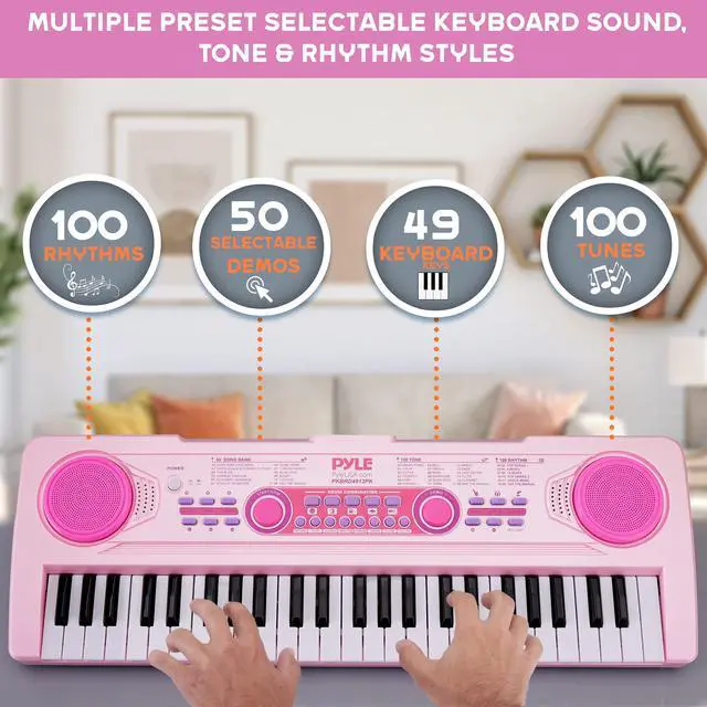 Alt view image 5 of 7 - Pyle Electric Keyboard Piano 49 Keys - Portable Kids Digital Musical Karaoke Piano Keyboard - 100 Tunes/Rhythms, 50 Demos, Rechargeable Battery - Wired Microphone - Beginners Kids Adult
