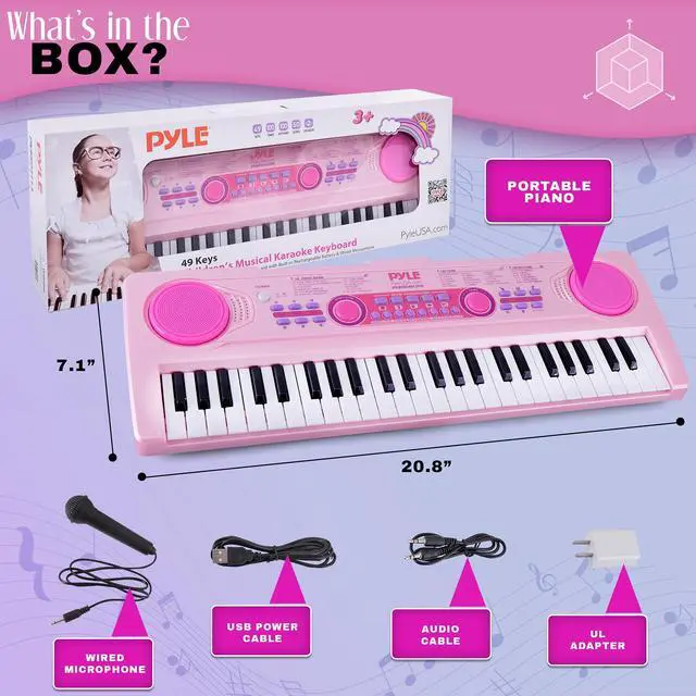 Alt view image 6 of 7 - Pyle Electric Keyboard Piano 49 Keys - Portable Kids Digital Musical Karaoke Piano Keyboard - 100 Tunes/Rhythms, 50 Demos, Rechargeable Battery - Wired Microphone - Beginners Kids Adult