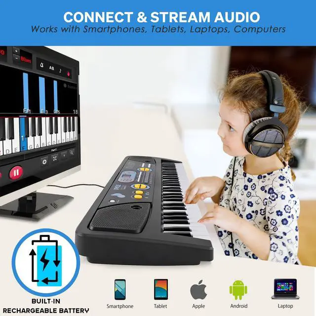 Alt view image 2 of 7 - Pyle Electric Keyboard Piano 61 Keys - Portable Digital Musical Karaoke Piano Keyboard -10 Rhythms 16 Tones, Stereo Speakers, Rechargeable Battery - Wired Microphone - Beginners Kids Adult
