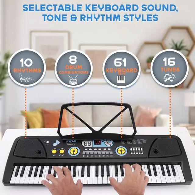 Alt view image 3 of 7 - Pyle Electric Keyboard Piano 61 Keys - Portable Digital Musical Karaoke Piano Keyboard -10 Rhythms 16 Tones, Stereo Speakers, Rechargeable Battery - Wired Microphone - Beginners Kids Adult