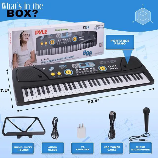 Alt view image 6 of 7 - Pyle Electric Keyboard Piano 61 Keys - Portable Digital Musical Karaoke Piano Keyboard -10 Rhythms 16 Tones, Stereo Speakers, Rechargeable Battery - Wired Microphone - Beginners Kids Adult