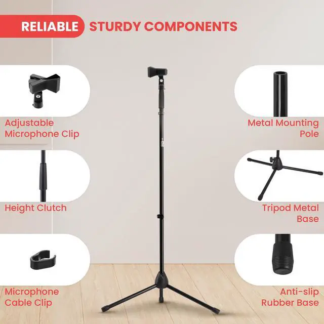 Alt view image 2 of 7 - Pyle Tripod Microphone Stand, Height Adjustable Mic Stand for Floor, Sturdy and Durable Build, Non-Slip Rubber Feet, With 5/8" Screw Adapter, Cable Clip, Compact Folding Design, 39.37" -