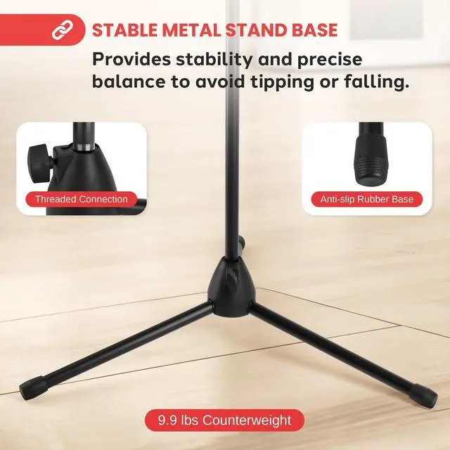 Alt view image 4 of 7 - Pyle Tripod Microphone Stand, Height Adjustable Mic Stand for Floor, Sturdy and Durable Build, Non-Slip Rubber Feet, With 5/8" Screw Adapter, Cable Clip, Compact Folding Design, 39.37" -