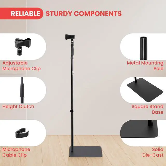 Alt view image 2 of 7 - Pyle Square Base Microphone Stand with Mic Clip - Heavy Duty, Height Adjustable, 36.2" to 63.38'', Solid Die-Cast Base, Studio & Concert Use, Universal 5/8'' Adapter, Cable Clip Included
