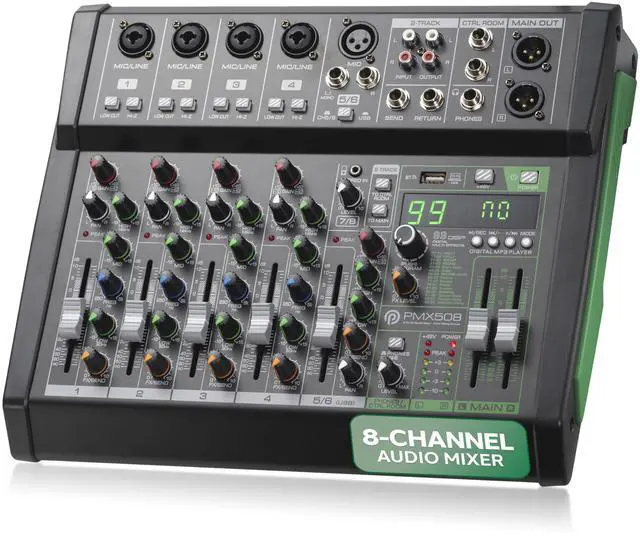 Main image of Pyle 8-Channel Audio Mixer, Bluetooth Studio Mixer/DJ Controller with Digital Effects, USB Interface, MP3 Compatible, XLR Inputs and LED Display, Audio Mixing Sound board System 10x11x3 inches