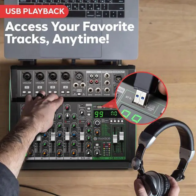 Alt view image 2 of 7 - Pyle 8-Channel Audio Mixer, Bluetooth Studio Mixer/DJ Controller with Digital Effects, USB Interface, MP3 Compatible, XLR Inputs and LED Display, Audio Mixing Sound board System 10x11x3 inches