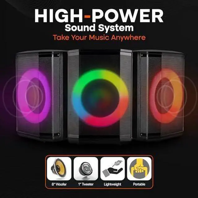 Alt view image 3 of 7 - Pyle Portable Bluetooth Speaker with 8" Inch Woofer, TWS Function, Mic Input, USB/Micro SD/FM Radio, Colorful Ring Lights, 120W Rechargeable Battery, Tripod Stand, Hi-Fi Sound, Indoor/Outdoor Use