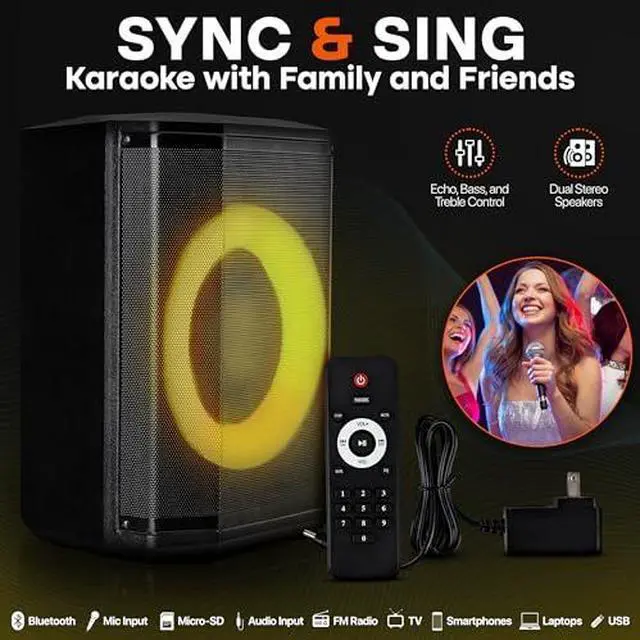 Alt view image 2 of 7 - Pyle Portable Bluetooth Speaker with 8" Inch Woofer, TWS Function, Mic Input, USB/Micro SD/FM Radio, Colorful Ring Lights, 120W Rechargeable Battery, Tripod Stand, Hi-Fi Sound, Indoor/Outdoor Use