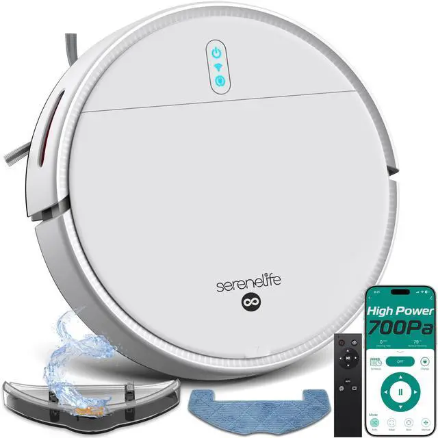 Main image of Smart Robot Vacuum and Mop Combo, App Control, 3 Cleaning Modes, Anti-Fall Sensors, Multi-Surface Cleaning, Self-Charging, 700Pa Suction Ideal for Pet Hair, Soft and Hard Floors, White
